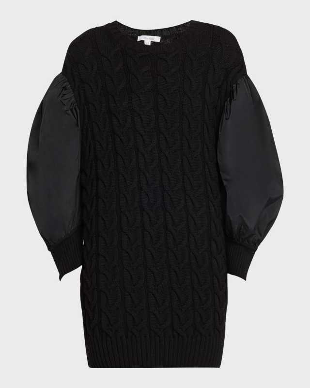 Ancella Silk Puff-Sleeve Cable Knit Tunic Sweater